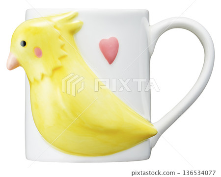 Ceramic mug with a three-dimensional relief of a cockatiel cut out on a white background 136534077