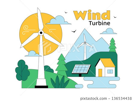 Wind Turbine Vector Illustration Showcasing a Sustainable Renewable Energy Concept with a Green Nature Landscape and Mountain Background Wind Turbine Vector Illustration Showcasing a Sustainable Renewable Energy Concept with a Green Nature Landscape and Mountain Background 136534438