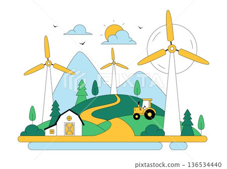Wind Turbine Vector Illustration Showcasing a Sustainable Renewable Energy Concept with a Green Nature Landscape and Mountain Background 136534440