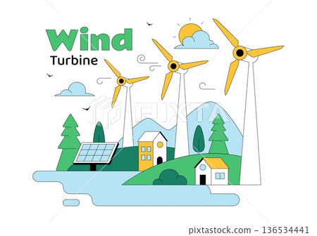 Wind Turbine Vector Illustration Showcasing a Sustainable Renewable Energy Concept with a Green Nature Landscape and Mountain Background 136534441