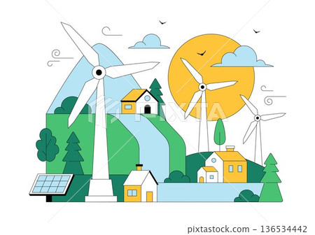 Wind Turbine Vector Illustration Showcasing a Sustainable Renewable Energy Concept with a Green Nature Landscape and Mountain Background 136534442