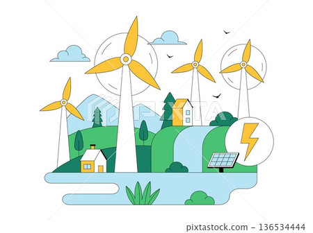 Wind Turbine Vector Illustration Showcasing a Sustainable Renewable Energy Concept with a Green Nature Landscape and Mountain Background 136534444