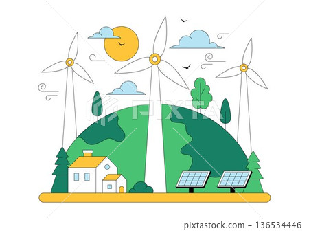 Wind Turbine Vector Illustration Showcasing a Sustainable Renewable Energy Concept with a Green Nature Landscape and Mountain Background Wind Turbine Vector Illustration Showcasing a Sustainable Renewable Energy Concept with a Green Nature Landscape and Mountain Background 136534446
