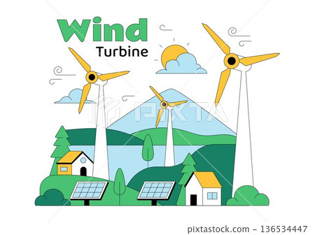 Wind Turbine Vector Illustration Showcasing a Sustainable Renewable Energy Concept with a Green Nature Landscape and Mountain Background 136534447