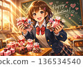 Smiling high school girl holding lots of chocolate in the classroom Valentine's Day image 136534540