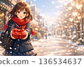 Smiling high school girl giving a present in a snowy town Valentine's Day image 136534637