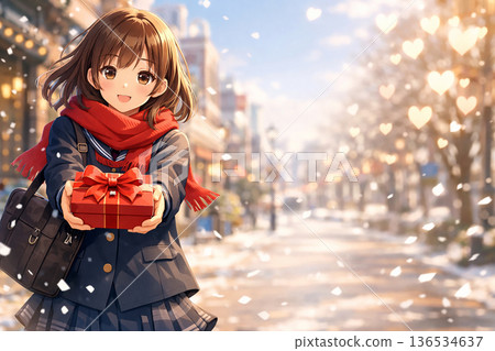Smiling high school girl giving a present in a snowy town Valentine's Day image Smiling high school girl giving a present in a snowy town Valentine's Day image 136534637