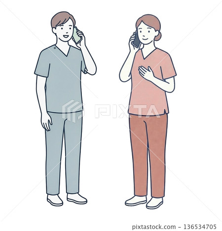 接聽電話的男女護理人員，全身像 136534705
