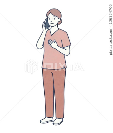一位女性護理員接聽電話的全身插圖 136534706