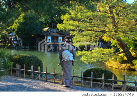 初冬時節,一位身著和服的少女漫步在兼六園中。 初冬時節,一位身著和服的少女漫步在兼六園中。 136534749