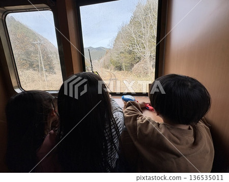 The back view of children looking at the scenery from the window of a local train - memories of a family trip The back view of children looking at the scenery from the window of a local train - memories of a family trip 136535011
