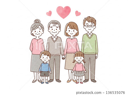 三代同堂的手繪水彩畫，描繪了日本家庭的愛與連結。 136535076