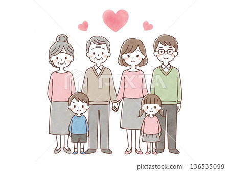 Three-generation family hand watercolor touch Japanese family love and bond image Three-generation family hand watercolor touch Japanese family love and bond image 136535099