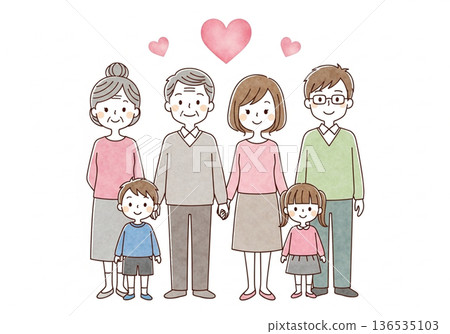 三代同堂的手繪水彩畫,描繪了日本家庭的愛與連結。 三代同堂的手繪水彩畫,描繪了日本家庭的愛與連結。 136535103