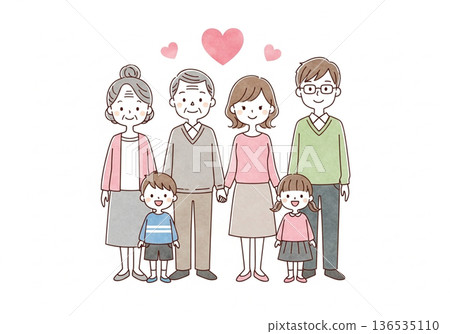 三代同堂的手繪水彩畫,描繪了日本家庭的愛與連結。 三代同堂的手繪水彩畫,描繪了日本家庭的愛與連結。 136535110