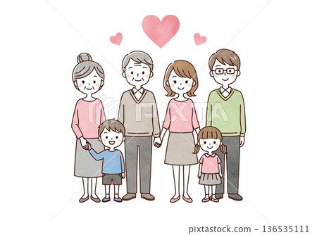 三代同堂的手繪水彩畫，描繪了日本家庭的愛與連結。 136535111