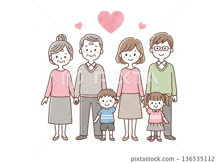 三代同堂的手繪水彩畫,描繪了日本家庭的愛與連結。 三代同堂的手繪水彩畫,描繪了日本家庭的愛與連結。 136535112