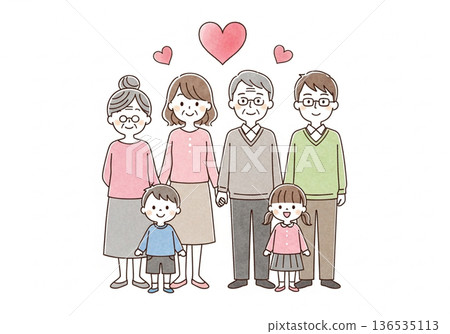 三代同堂的手繪水彩畫，描繪了日本家庭的愛與連結。 136535113
