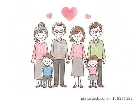 三代同堂的手繪水彩畫，描繪了日本家庭的愛與連結。 136535122