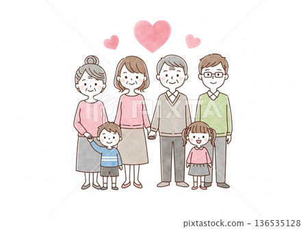 三代同堂的手繪水彩畫,描繪了日本家庭的愛與連結。 三代同堂的手繪水彩畫,描繪了日本家庭的愛與連結。 136535128