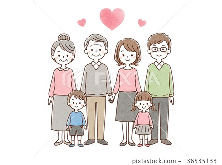 三代同堂的手繪水彩畫，描繪了日本家庭的愛與連結。 136535133