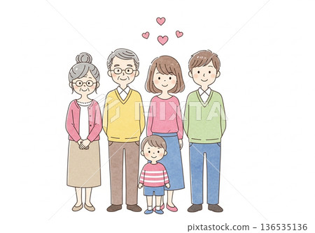 三代同堂的手繪水彩畫，描繪了日本家庭的愛與連結。 136535136