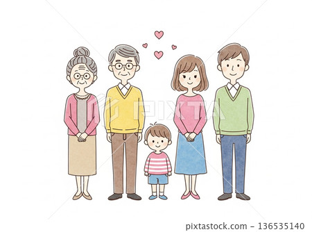 三代同堂的手繪水彩畫，描繪了日本家庭的愛與連結。 136535140