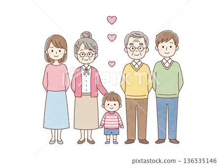 三代同堂的手繪水彩畫,描繪了日本家庭的愛與連結。 三代同堂的手繪水彩畫,描繪了日本家庭的愛與連結。 136535146