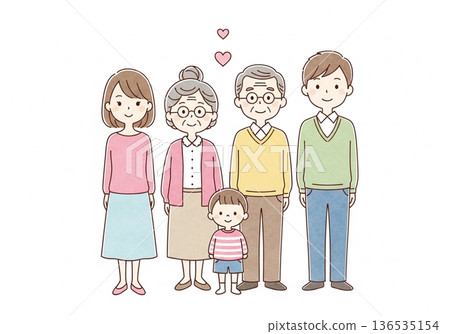 三代同堂的手繪水彩畫,描繪了日本家庭的愛與連結。 三代同堂的手繪水彩畫,描繪了日本家庭的愛與連結。 136535154