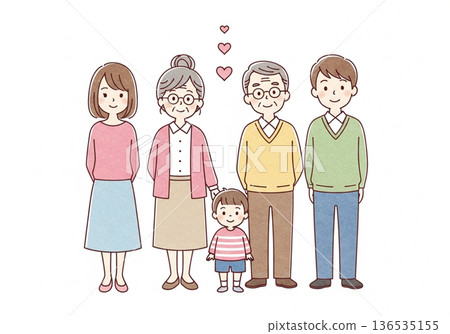 三代同堂的手繪水彩畫,描繪了日本家庭的愛與連結。 三代同堂的手繪水彩畫,描繪了日本家庭的愛與連結。 136535155