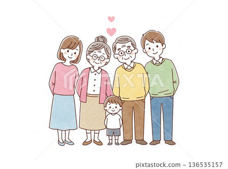 三代同堂的手繪水彩畫，描繪了日本家庭的愛與連結。 136535157