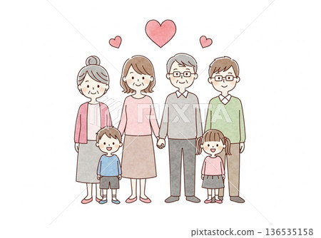 三代同堂的手繪水彩畫，描繪了日本家庭的愛與連結。 136535158