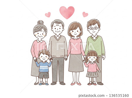 三代同堂的手繪水彩畫,描繪了日本家庭的愛與連結。 三代同堂的手繪水彩畫,描繪了日本家庭的愛與連結。 136535160
