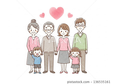 三代同堂的手繪水彩畫，描繪了日本家庭的愛與連結。 136535161