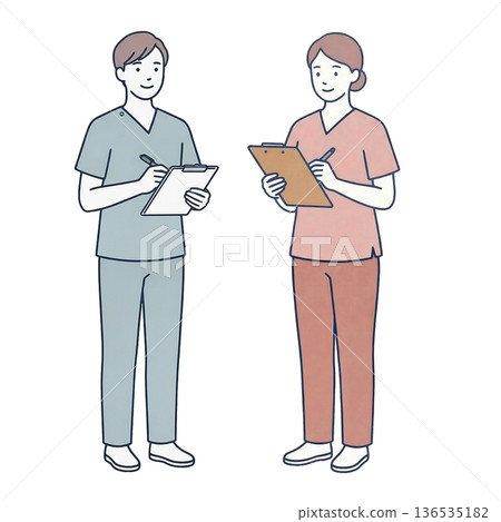 Full-body illustration of male and female caregivers filling out a clipboard 136535182