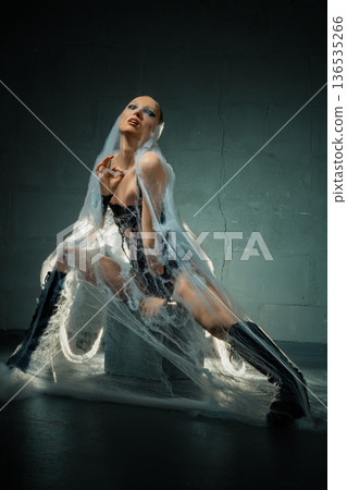Gothic woman in corset and boots posing in spiderwebs against a dark wall. 136535266