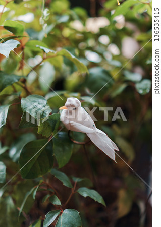 Fake bird and real branches and leaves 136535415