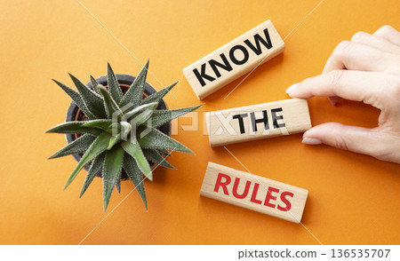 Know the rules symbol. Wooden blocks with words Know the rules. Businessman hand. Beautiful orange background with succulent plant. Business and Know the rules concept. Copy space. 136535707