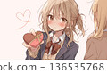 A shy high school girl offering a heart-shaped chocolate Valentine's Day image 136535768