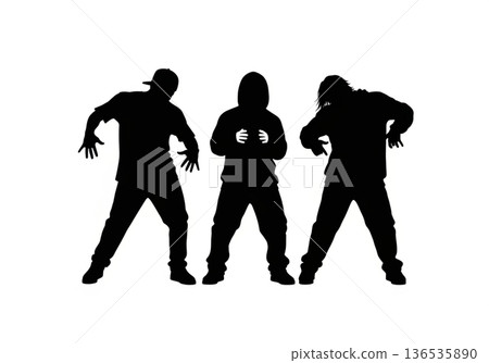 三位嘻哈舞者的剪影,街舞,全身像,黑人,白色背景,布料 三位嘻哈舞者的剪影,街舞,全身像,黑人,白色背景,布料 136535890