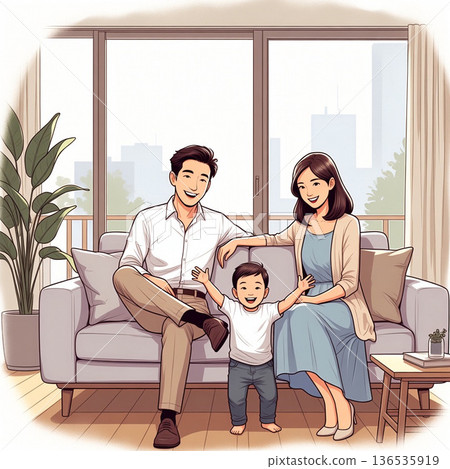 一個家庭在客廳放鬆 136535919