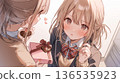 Valentine's Day image of a shy high school girl giving a heart-shaped chocolate 136535923