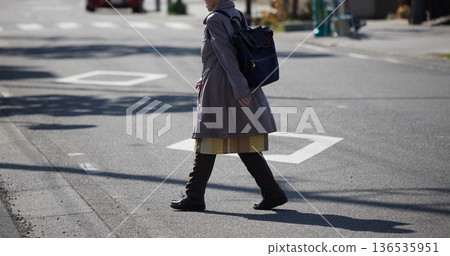 Senior woman walking in the city during the winter day 136535951