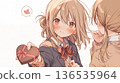 Valentine's Day image of a shy high school girl offering a heart-shaped chocolate 136535964