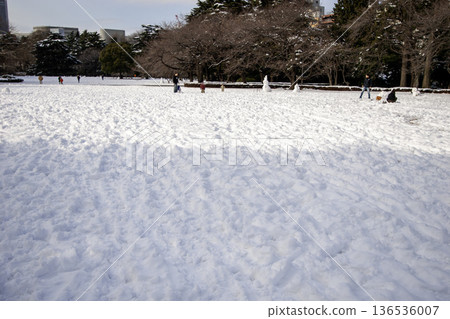 積雪覆蓋的公園廣場和無數的腳印 積雪覆蓋的公園廣場和無數的腳印 136536007