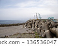 大量防浪塊沿著海岸線排列，旁邊還有一台港口起重機。 136536047