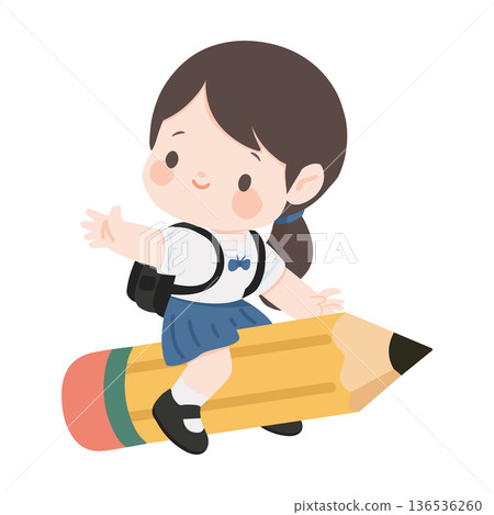 Playful Young Girl Riding Giant Writing Tool 136536260