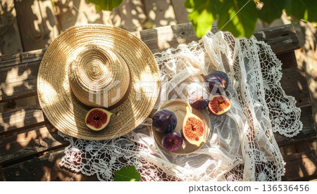 Fig with Straw Hat on Rustic Wooden Table Fig with Straw Hat on Rustic Wooden Table 136536456
