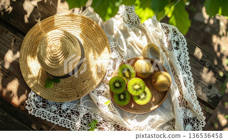 Kiwi with Straw Hat on Rustic Wooden Table 136536458