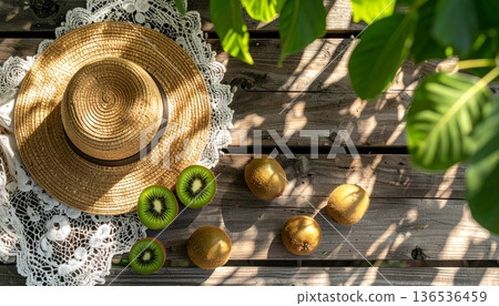 Kiwi with Straw Hat on Rustic Wooden Table 136536459